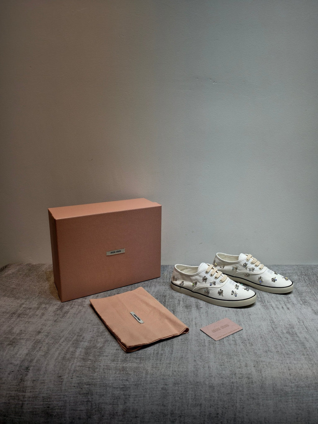 MIUMIU 26S LOW TOP SNEAKERS IN WHITE CANVAS CRYSTAL-EMBELLISHED