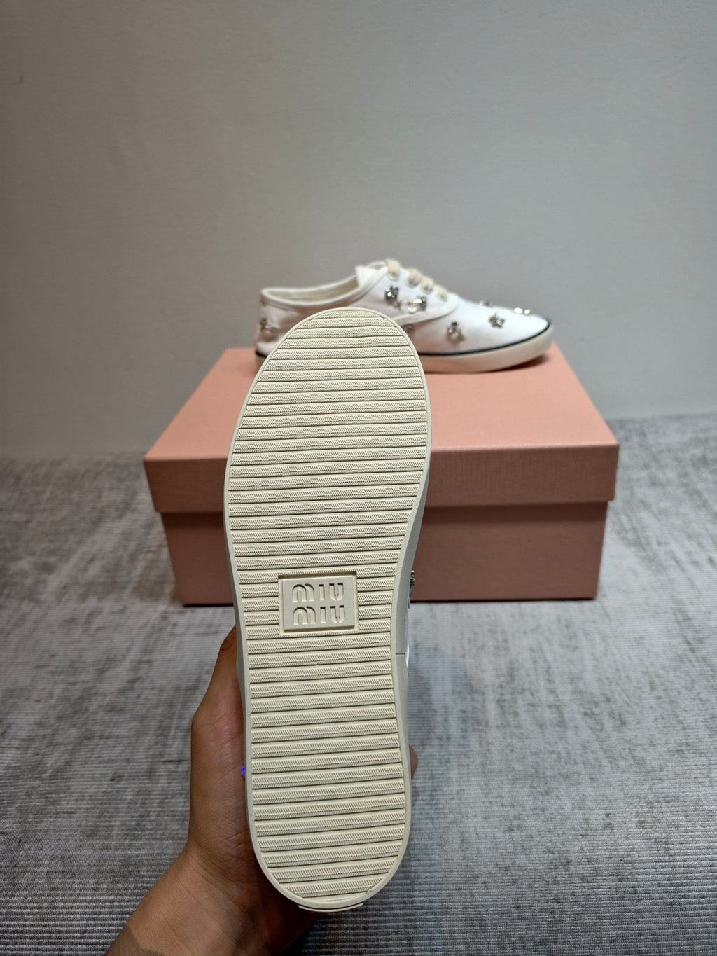 MIUMIU 26S LOW TOP SNEAKERS IN WHITE CANVAS CRYSTAL-EMBELLISHED