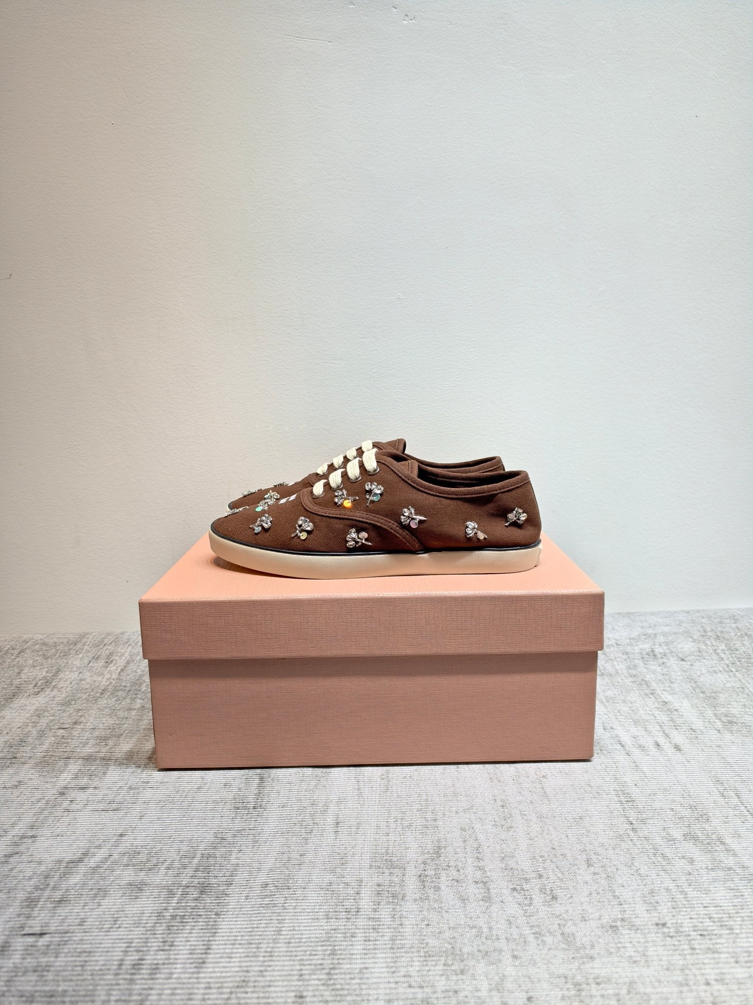 MIUMIU 26S LOW TOP SNEAKERS IN DARK BROWN CANVAS CRYSTAL-EMBELLISHED
