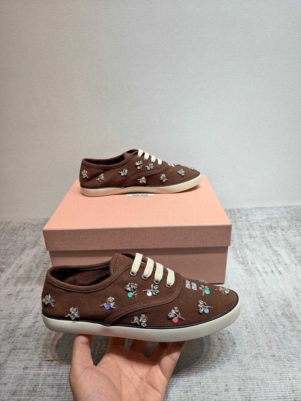 MIUMIU 26S LOW TOP SNEAKERS IN DARK BROWN CANVAS CRYSTAL-EMBELLISHED