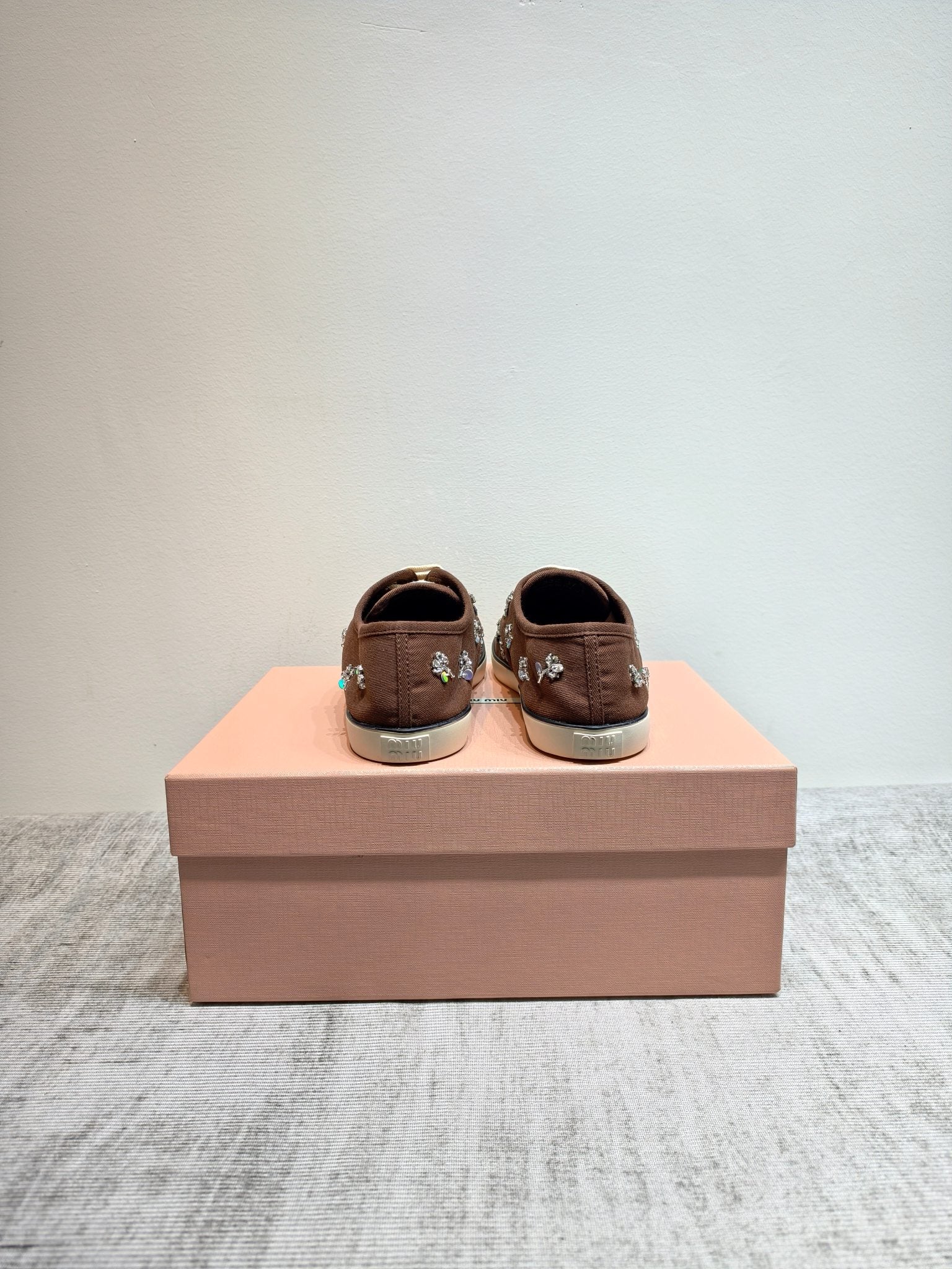 MIUMIU 26S LOW TOP SNEAKERS IN DARK BROWN CANVAS CRYSTAL-EMBELLISHED