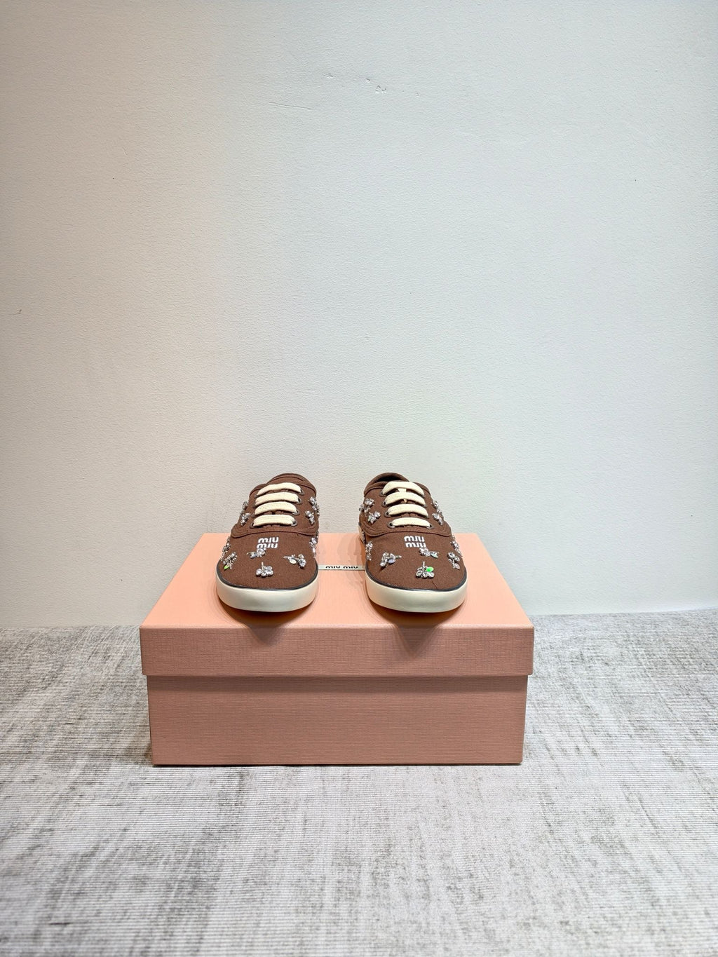 MIUMIU 26S LOW TOP SNEAKERS IN DARK BROWN CANVAS CRYSTAL-EMBELLISHED