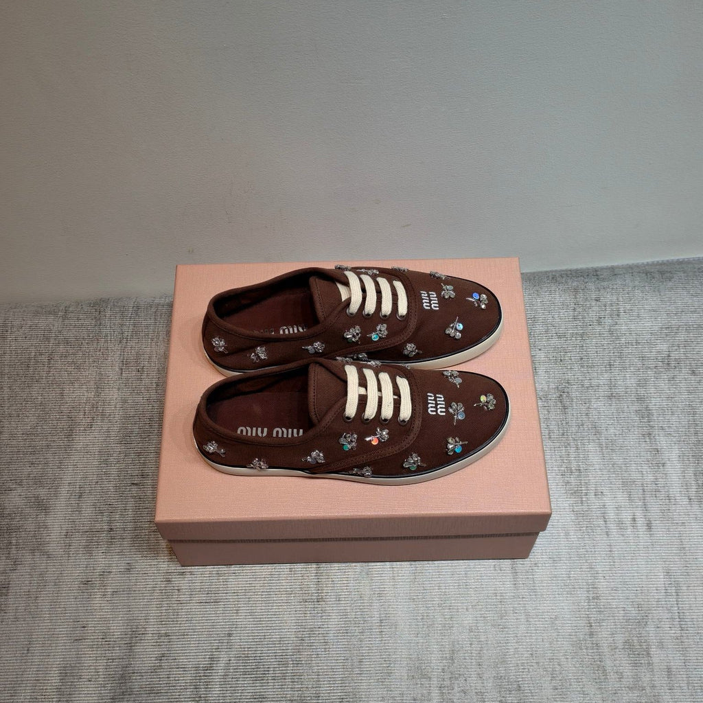 MIUMIU 26S LOW TOP SNEAKERS IN DARK BROWN CANVAS CRYSTAL-EMBELLISHED