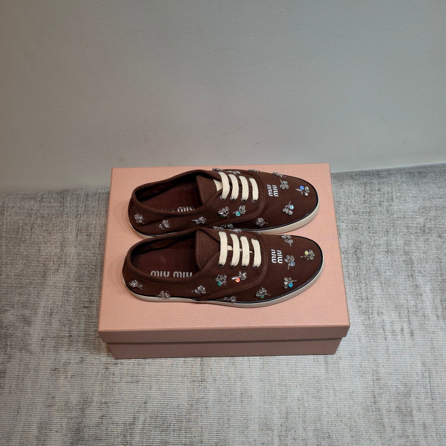 MIUMIU 26S LOW TOP SNEAKERS IN DARK BROWN CANVAS CRYSTAL-EMBELLISHED