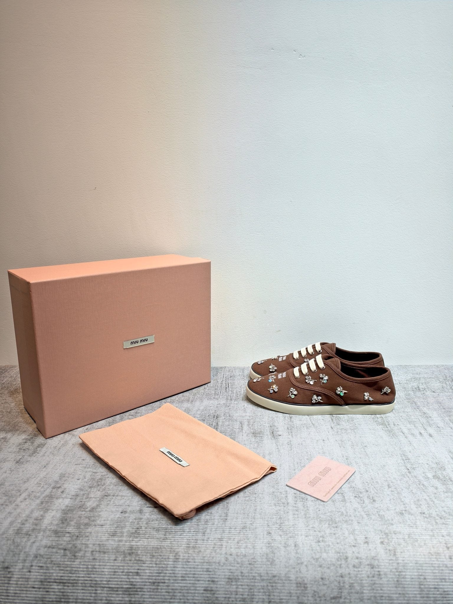 MIUMIU 26S LOW TOP SNEAKERS IN DARK BROWN CANVAS CRYSTAL-EMBELLISHED