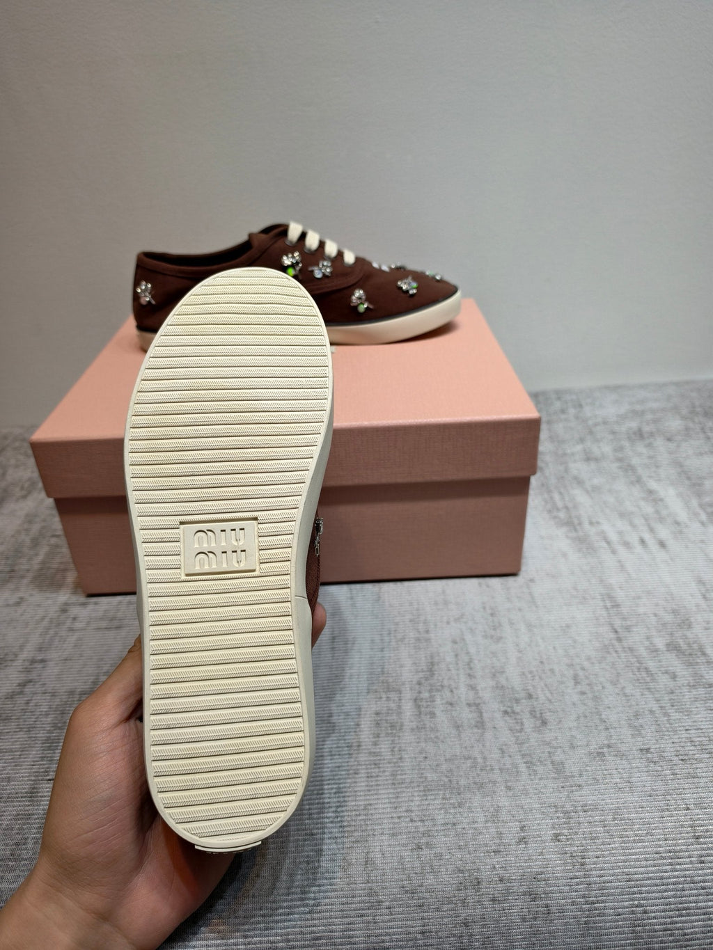 MIUMIU 26S LOW TOP SNEAKERS IN DARK BROWN CANVAS CRYSTAL-EMBELLISHED