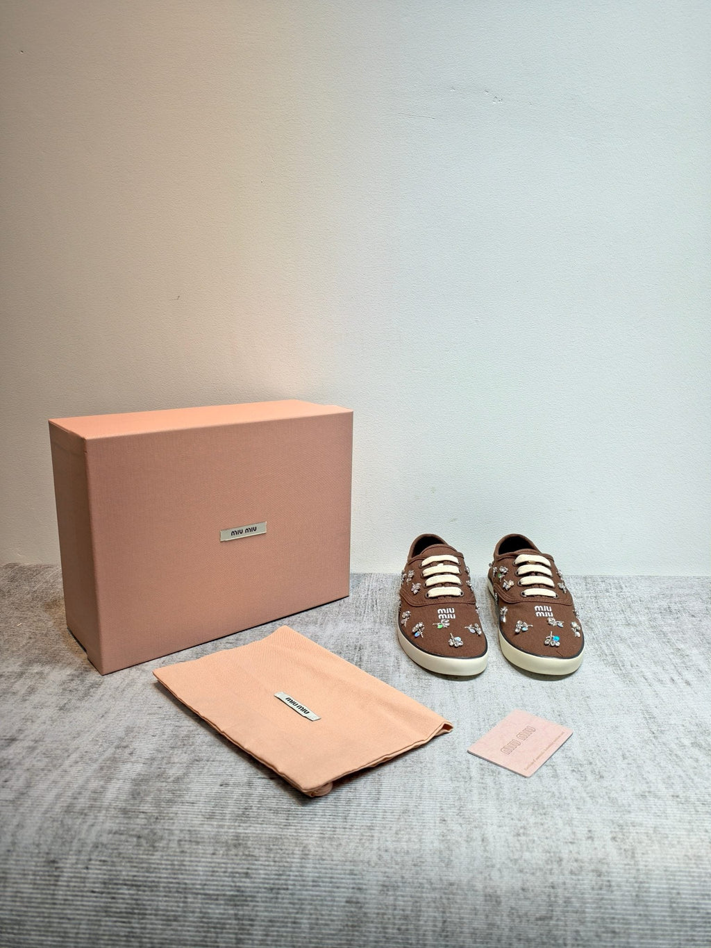 MIUMIU 26S LOW TOP SNEAKERS IN DARK BROWN CANVAS CRYSTAL-EMBELLISHED