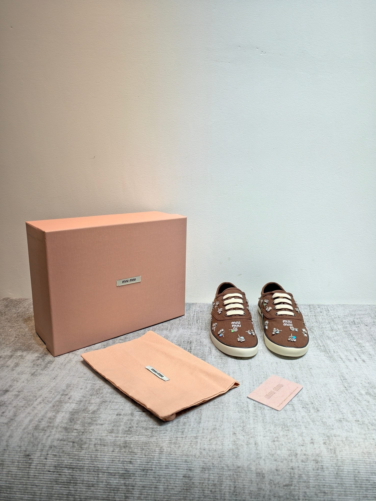 MIUMIU 26S LOW TOP SNEAKERS IN DARK BROWN CANVAS CRYSTAL-EMBELLISHED