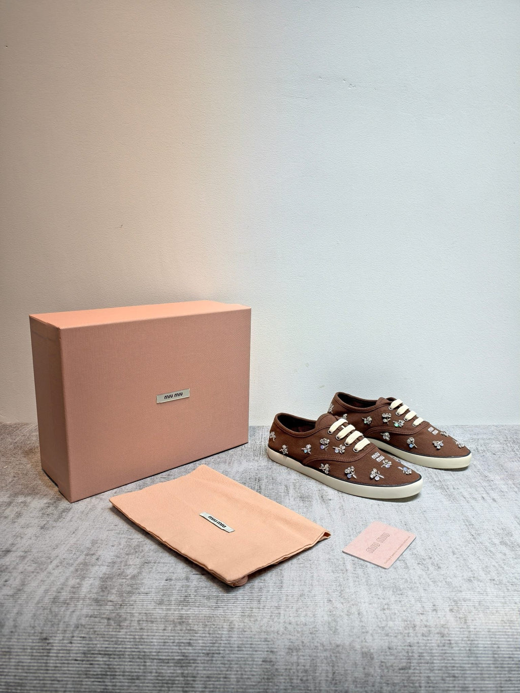 MIUMIU 26S LOW TOP SNEAKERS IN DARK BROWN CANVAS CRYSTAL-EMBELLISHED