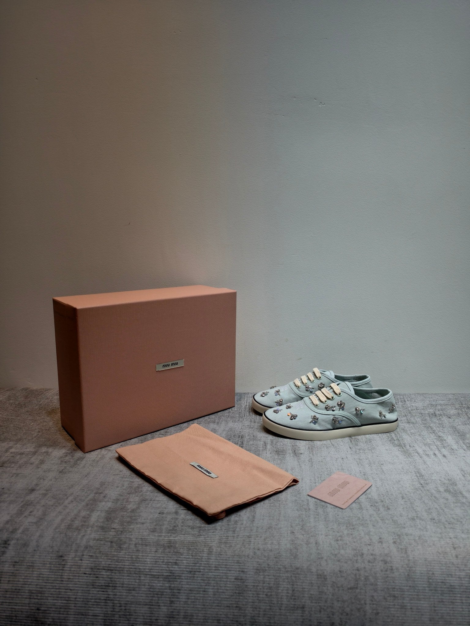 MIUMIU 26S LOW TOP SNEAKERS IN LIGHT BLUE CANVAS CRYSTAL-EMBELLISHED
