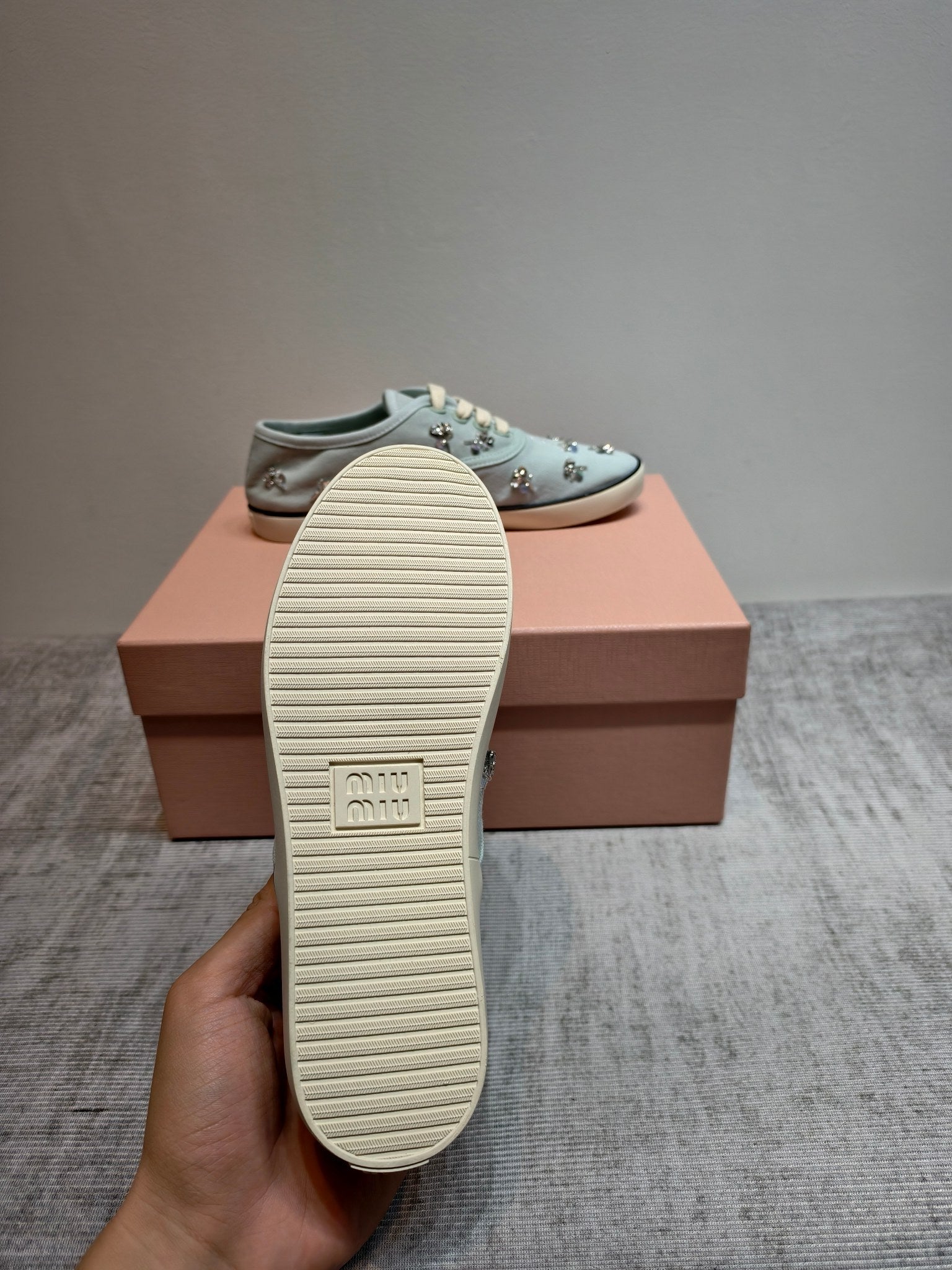 MIUMIU 26S LOW TOP SNEAKERS IN LIGHT BLUE CANVAS CRYSTAL-EMBELLISHED