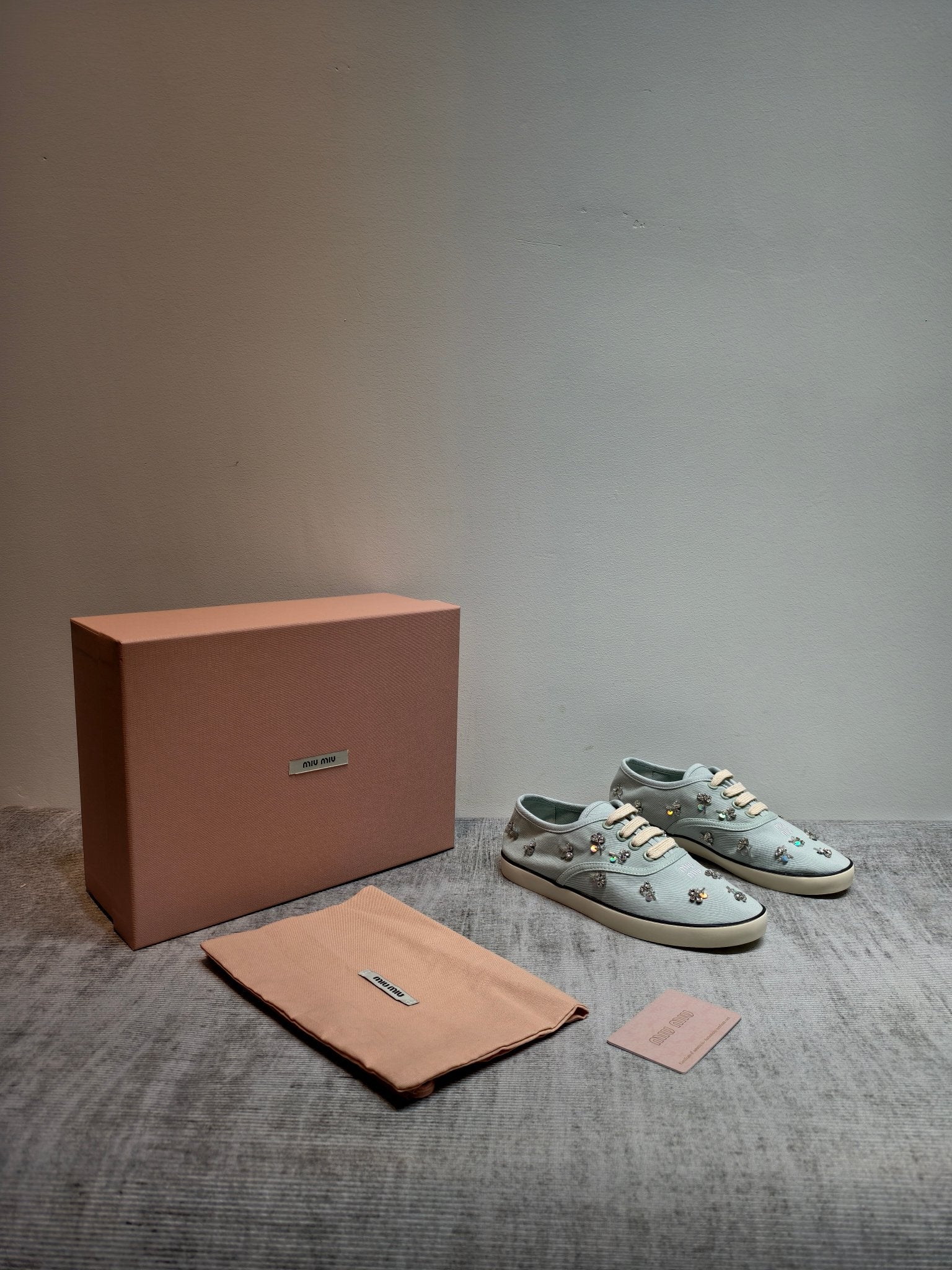 MIUMIU 26S LOW TOP SNEAKERS IN LIGHT BLUE CANVAS CRYSTAL-EMBELLISHED