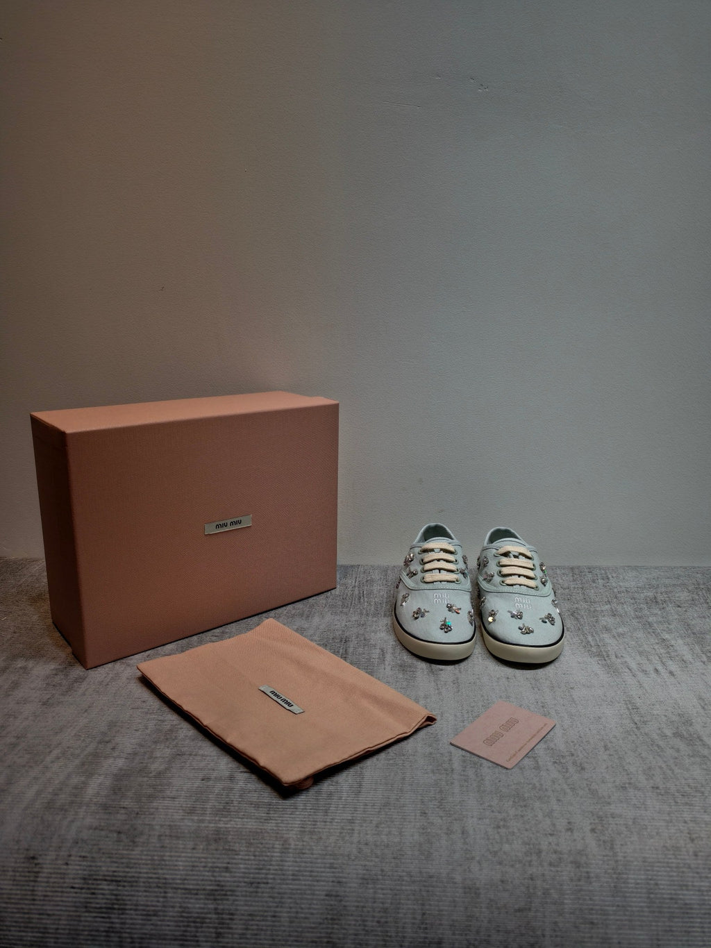 MIUMIU 26S LOW TOP SNEAKERS IN LIGHT BLUE CANVAS CRYSTAL-EMBELLISHED