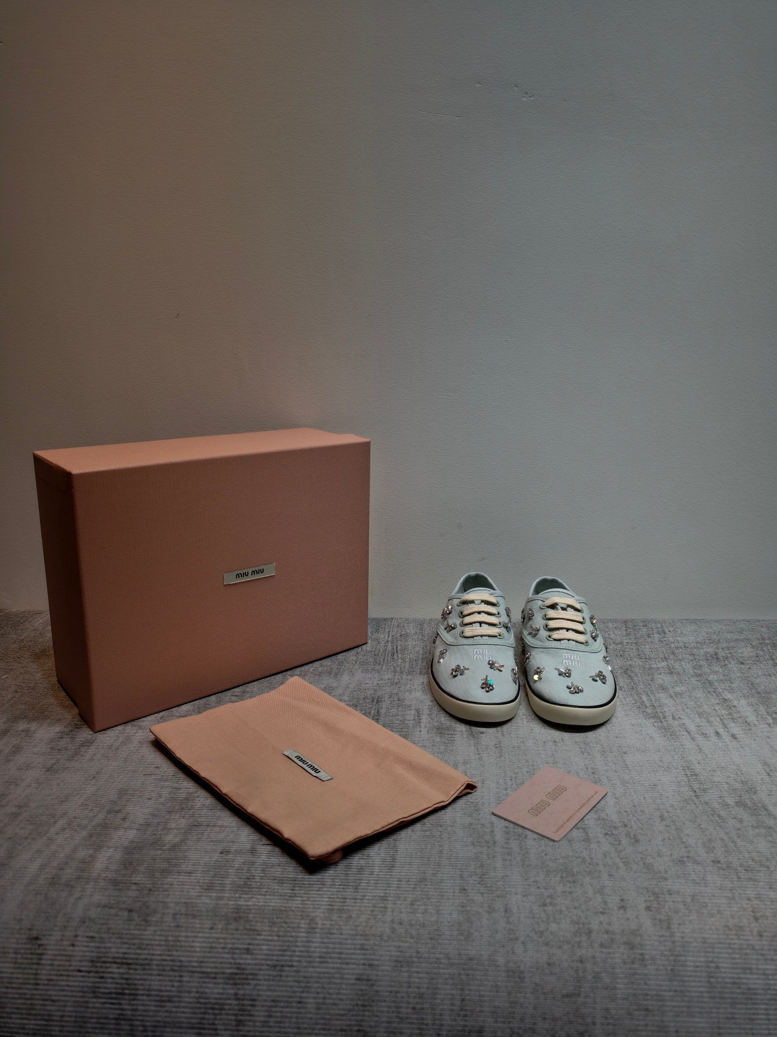 MIUMIU 26S LOW TOP SNEAKERS IN LIGHT BLUE CANVAS CRYSTAL-EMBELLISHED