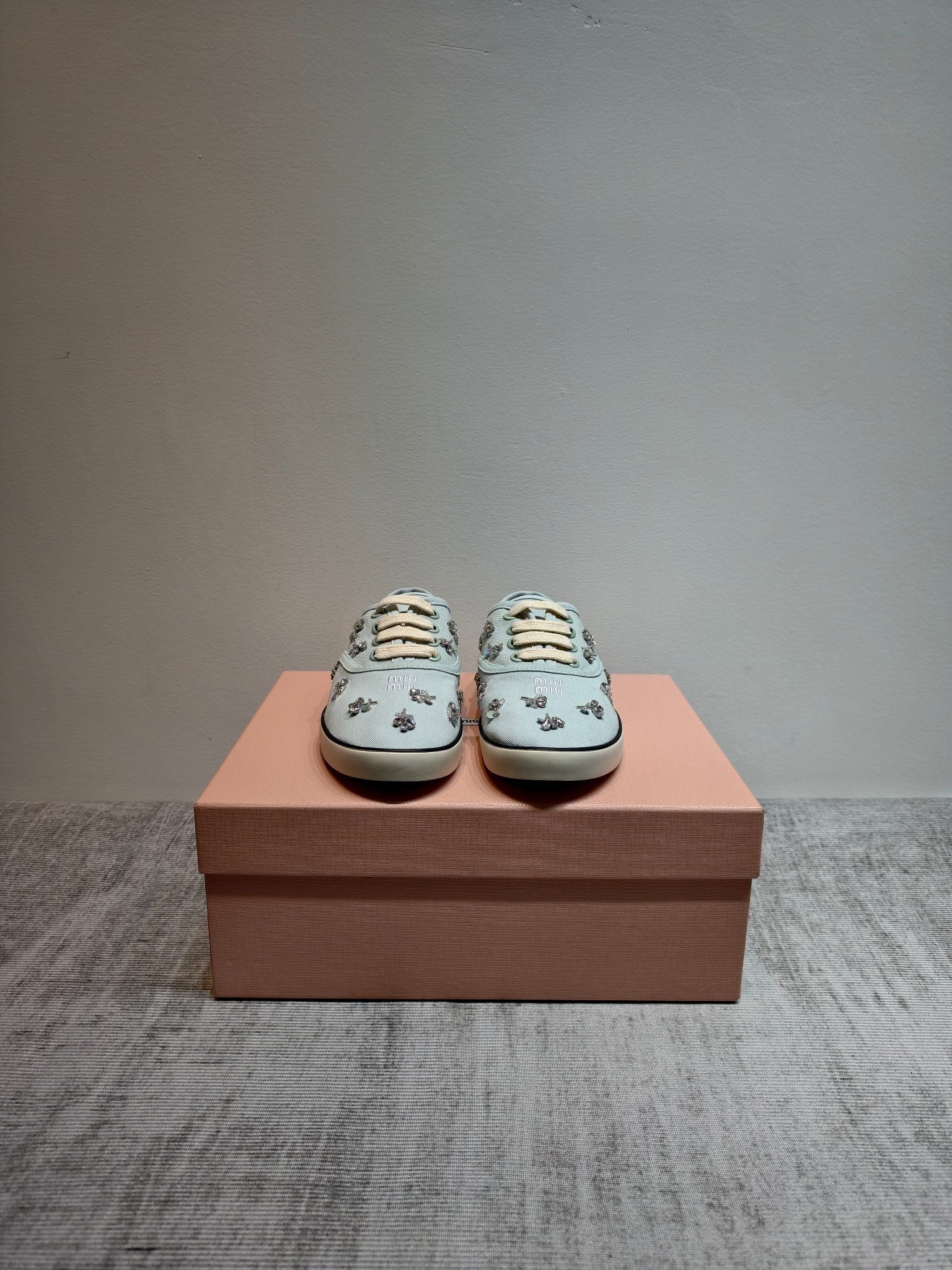 MIUMIU 26S LOW TOP SNEAKERS IN LIGHT BLUE CANVAS CRYSTAL-EMBELLISHED