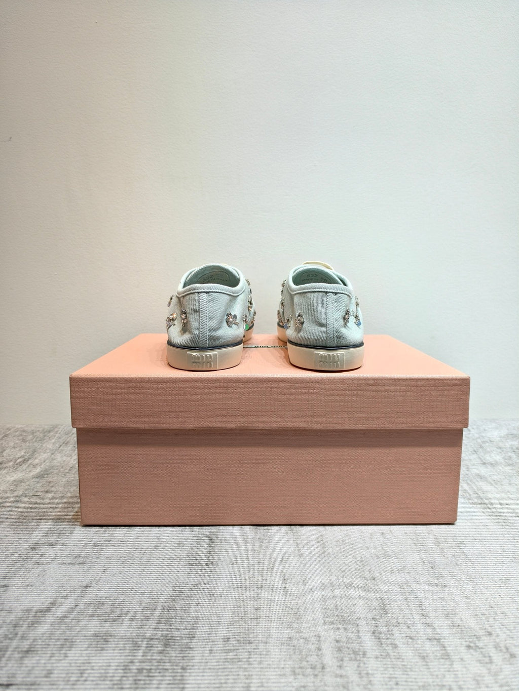 MIUMIU 26S LOW TOP SNEAKERS IN LIGHT BLUE CANVAS CRYSTAL-EMBELLISHED