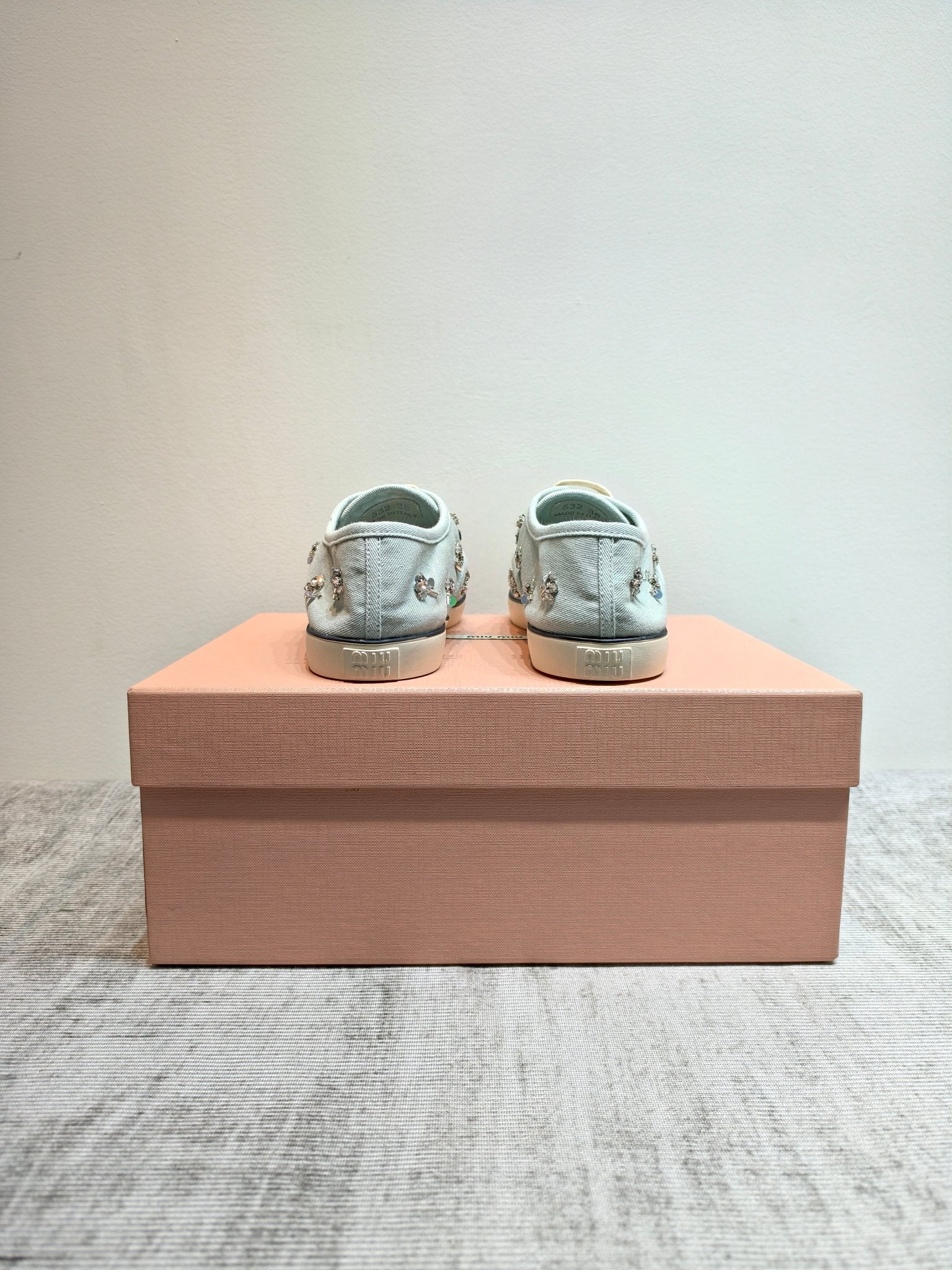 MIUMIU 26S LOW TOP SNEAKERS IN LIGHT BLUE CANVAS CRYSTAL-EMBELLISHED