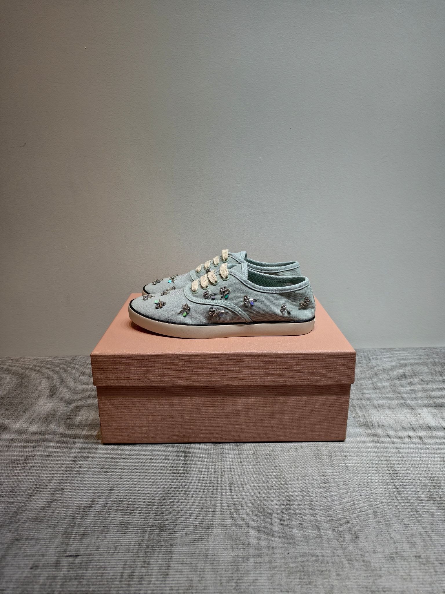 MIUMIU 26S LOW TOP SNEAKERS IN LIGHT BLUE CANVAS CRYSTAL-EMBELLISHED