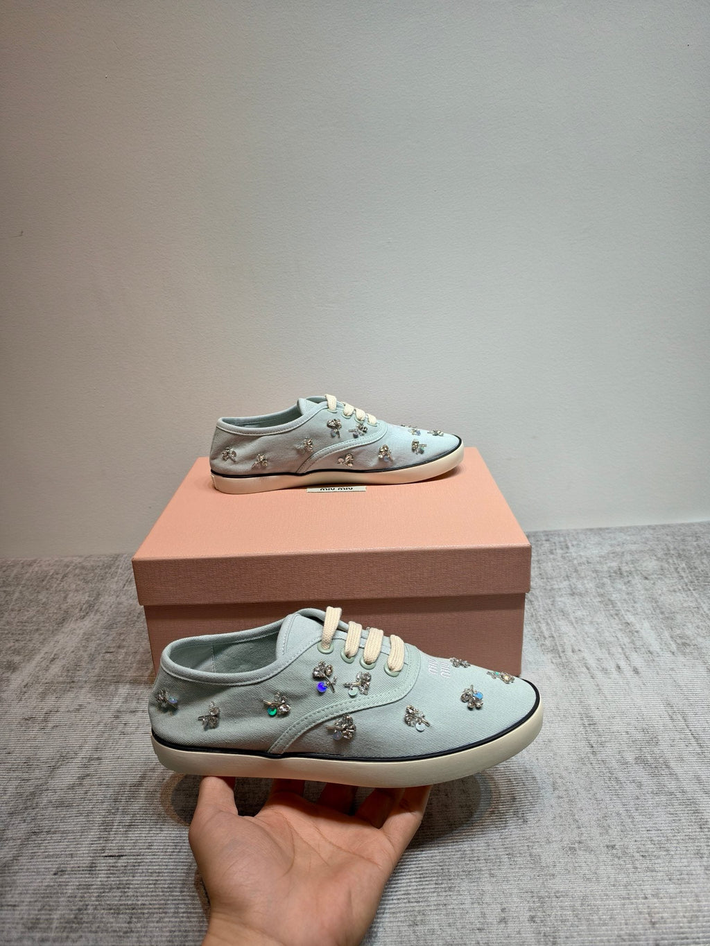 MIUMIU 26S LOW TOP SNEAKERS IN LIGHT BLUE CANVAS CRYSTAL-EMBELLISHED