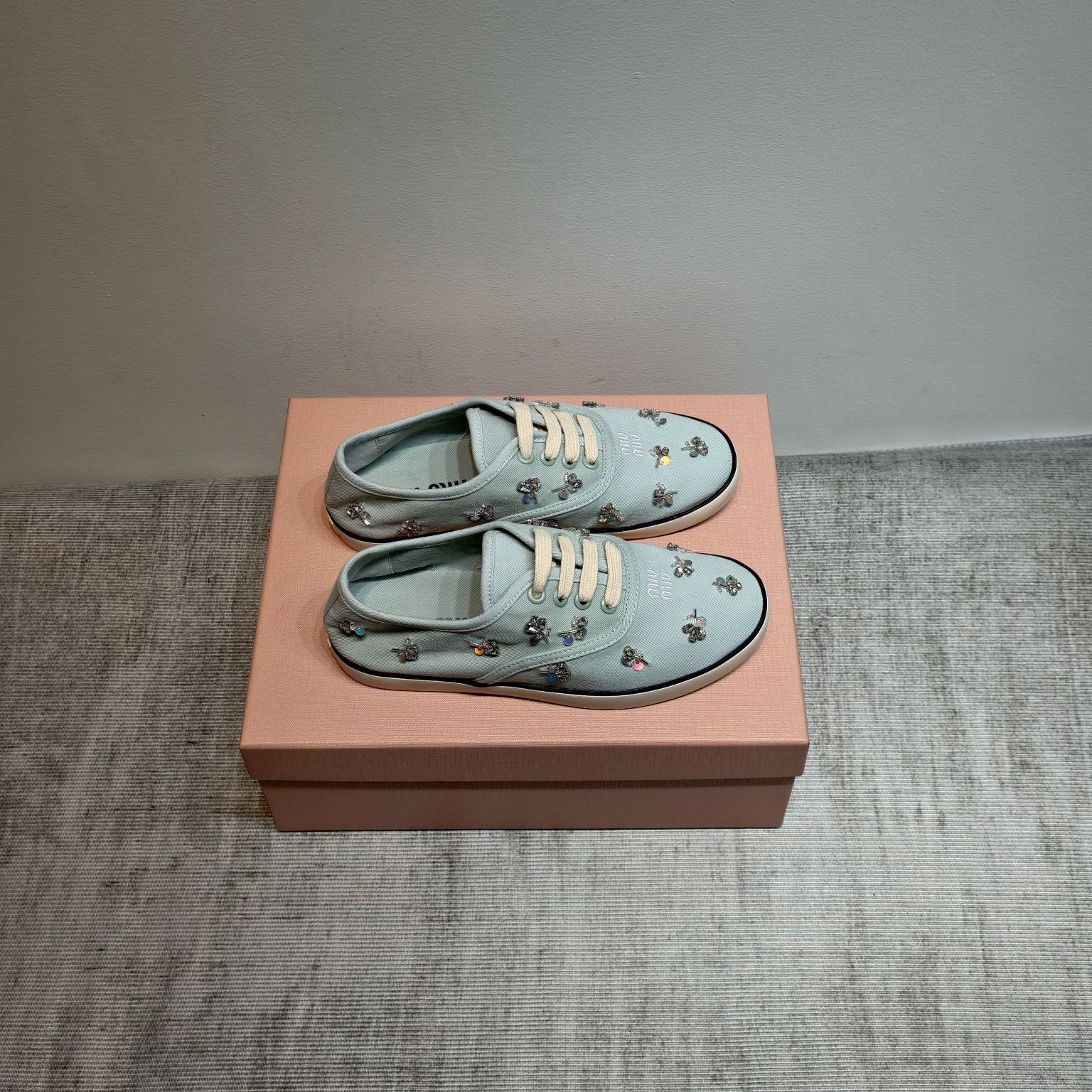 MIUMIU 26S LOW TOP SNEAKERS IN LIGHT BLUE CANVAS CRYSTAL-EMBELLISHED