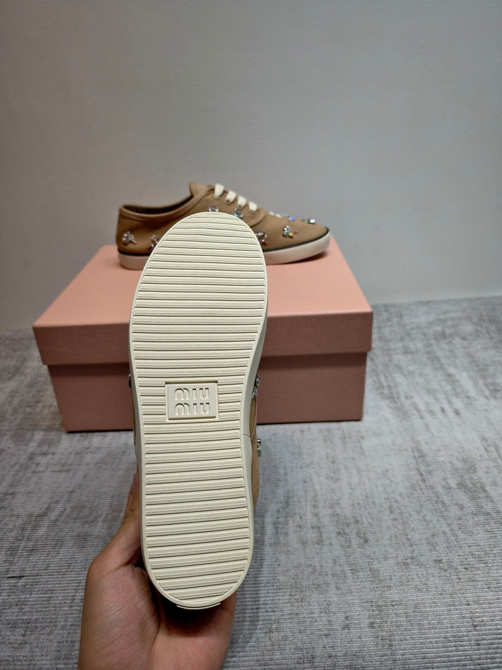 MIUMIU 26S LOW TOP SNEAKERS IN BROWN CANVAS CRYSTAL-EMBELLISHED