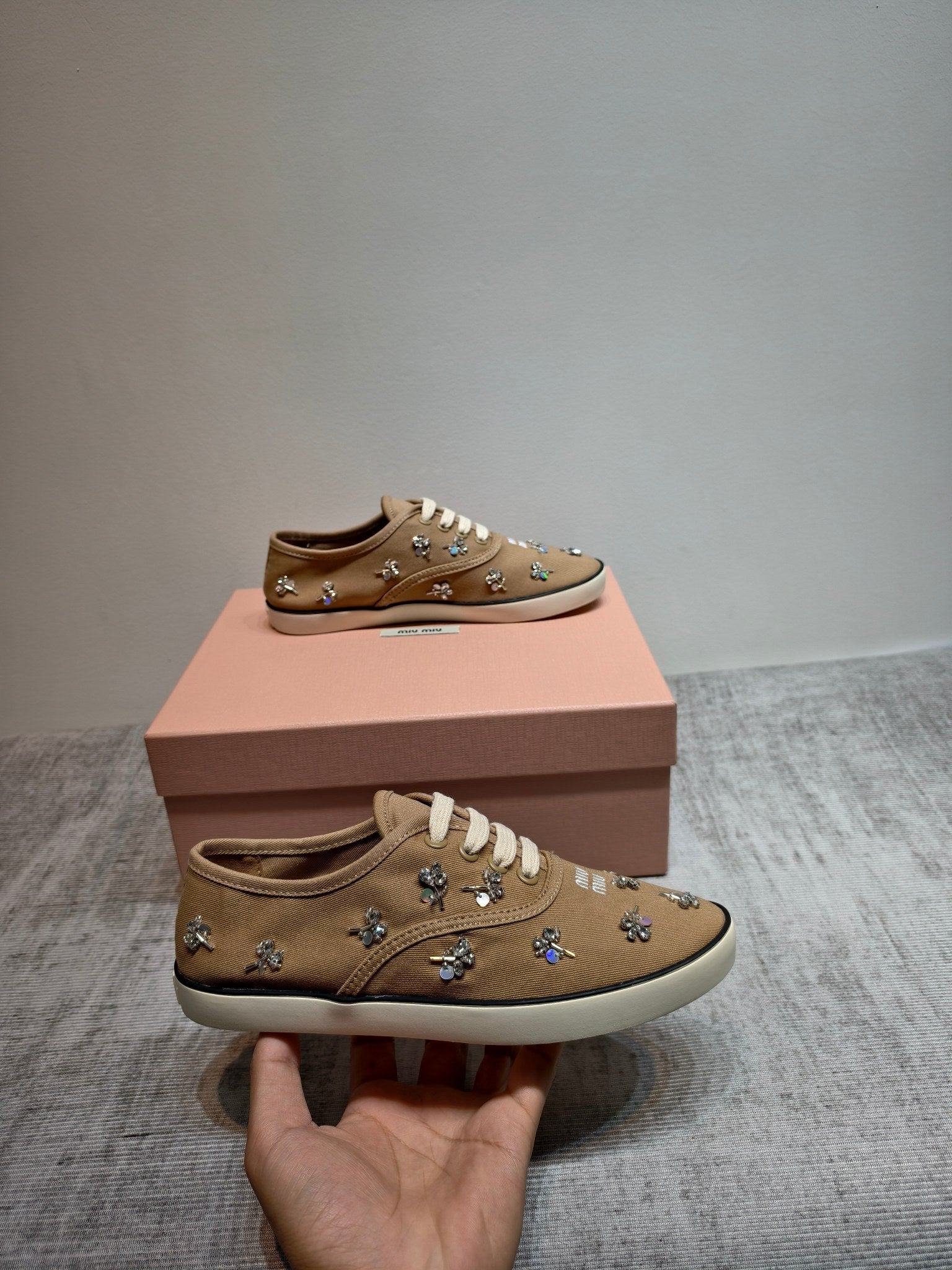 MIUMIU 26S LOW TOP SNEAKERS IN BROWN CANVAS CRYSTAL-EMBELLISHED