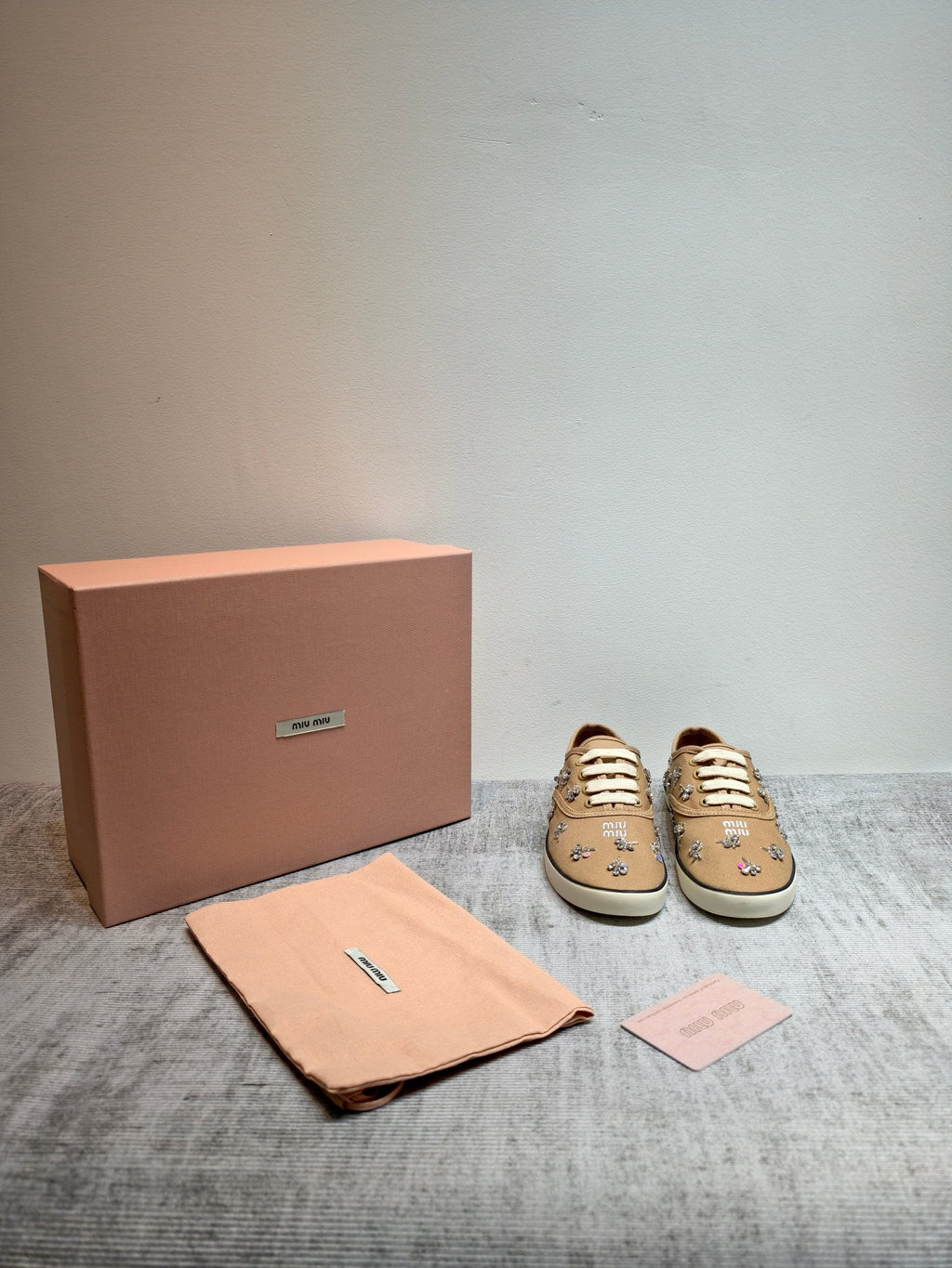 MIUMIU 26S LOW TOP SNEAKERS IN BROWN CANVAS CRYSTAL-EMBELLISHED