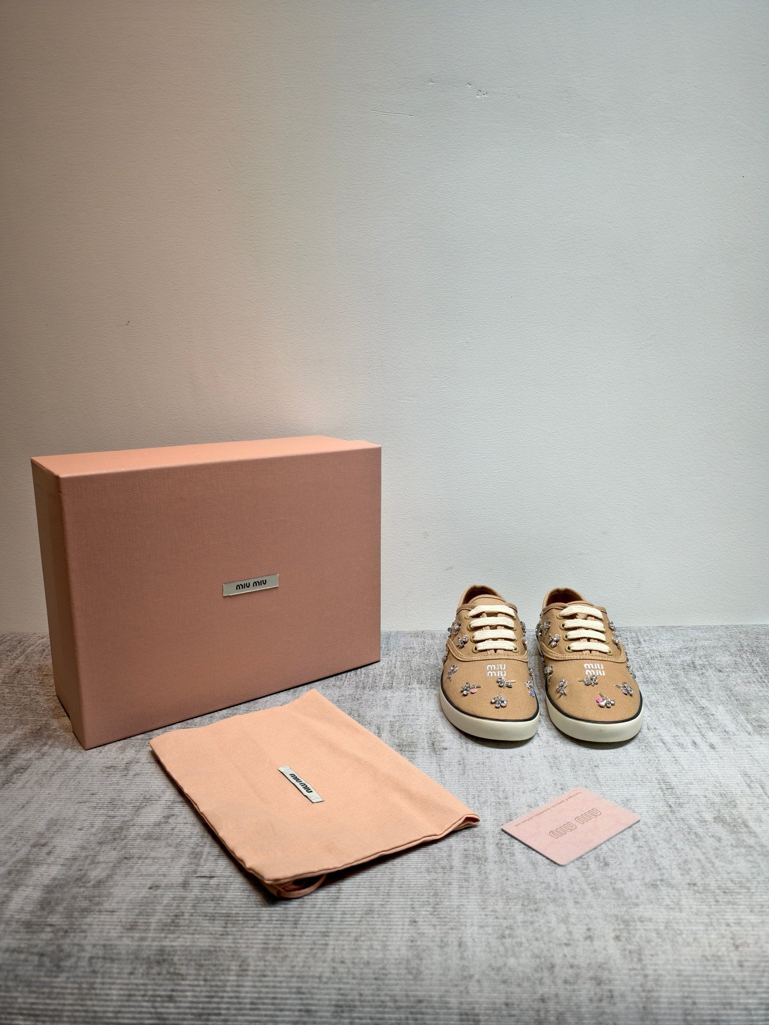 MIUMIU 26S LOW TOP SNEAKERS IN BROWN CANVAS CRYSTAL-EMBELLISHED