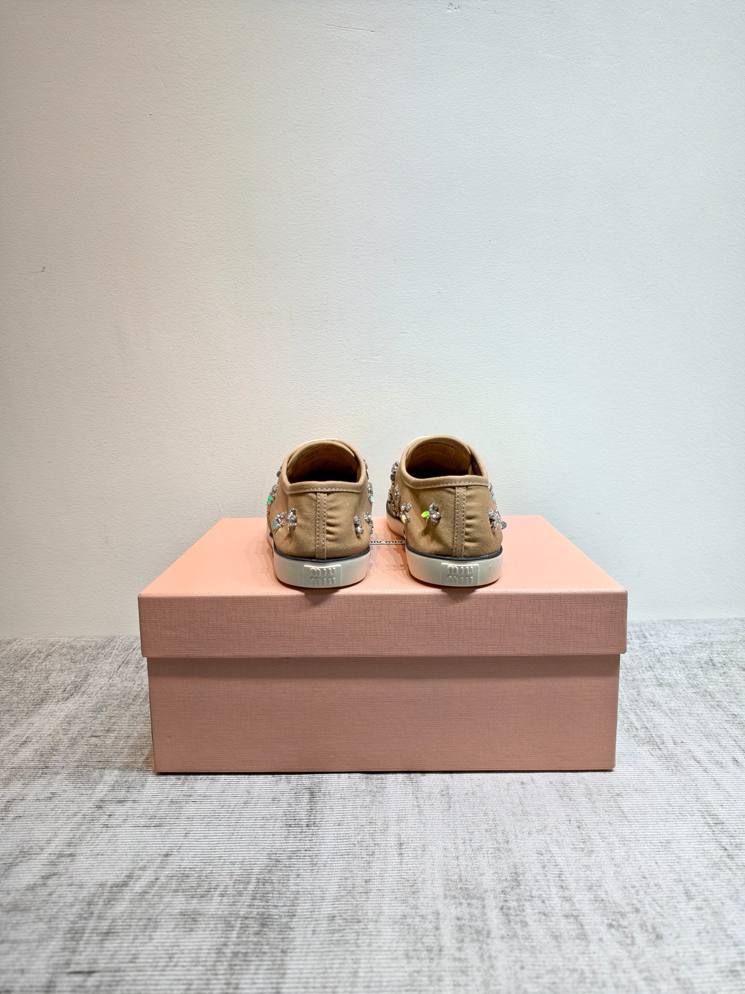 MIUMIU 26S LOW TOP SNEAKERS IN BROWN CANVAS CRYSTAL-EMBELLISHED