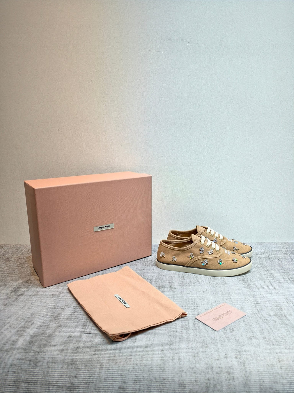 MIUMIU 26S LOW TOP SNEAKERS IN BROWN CANVAS CRYSTAL-EMBELLISHED