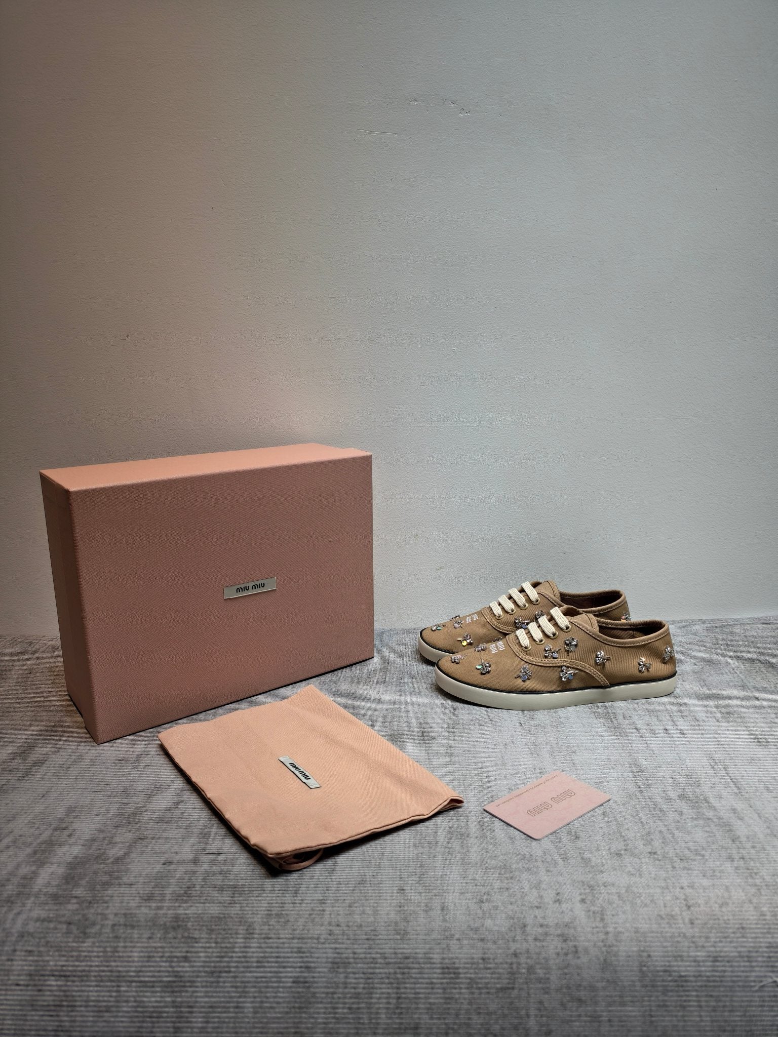 MIUMIU 26S LOW TOP SNEAKERS IN BROWN CANVAS CRYSTAL-EMBELLISHED