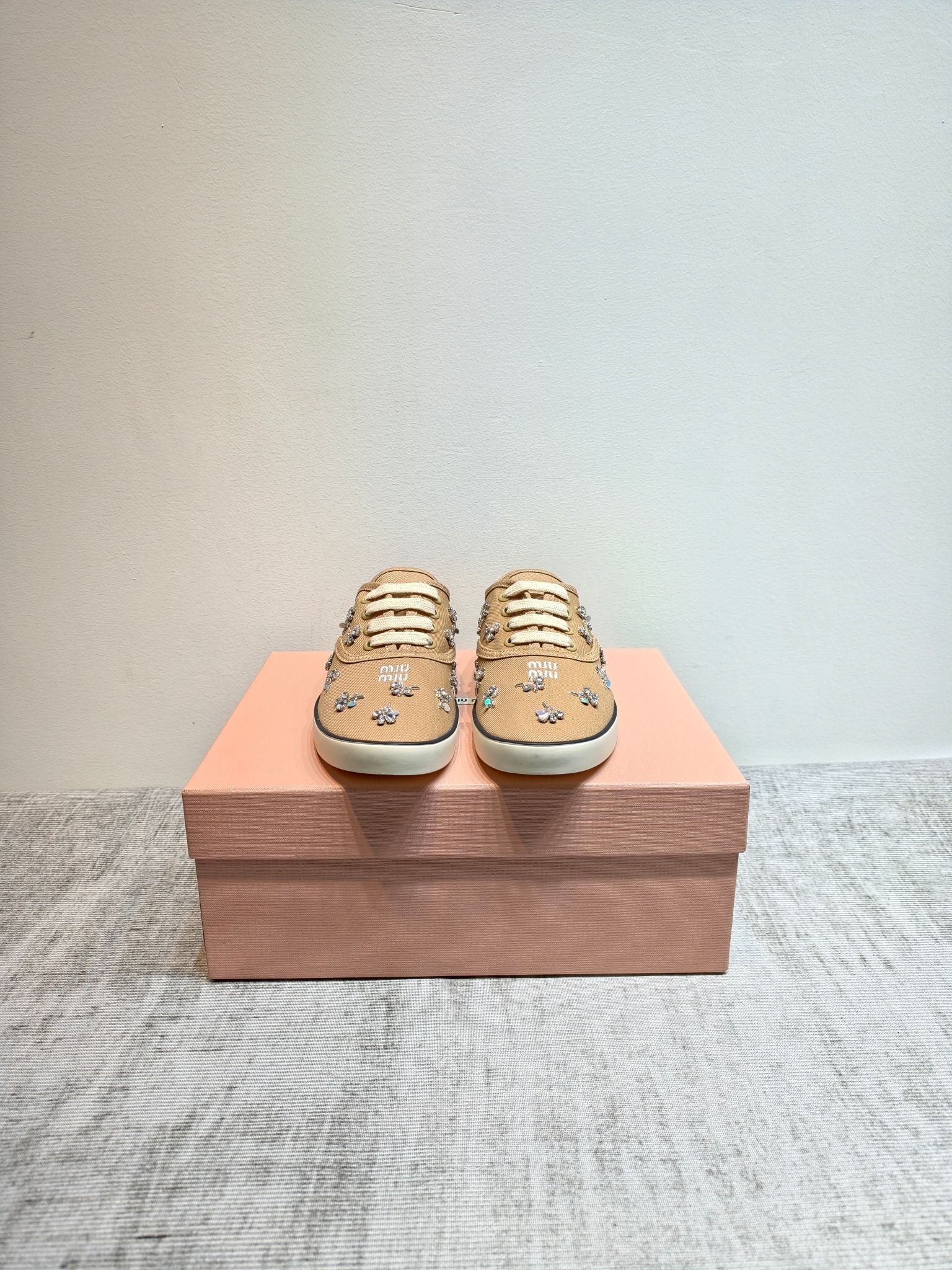 MIUMIU 26S LOW TOP SNEAKERS IN BROWN CANVAS CRYSTAL-EMBELLISHED