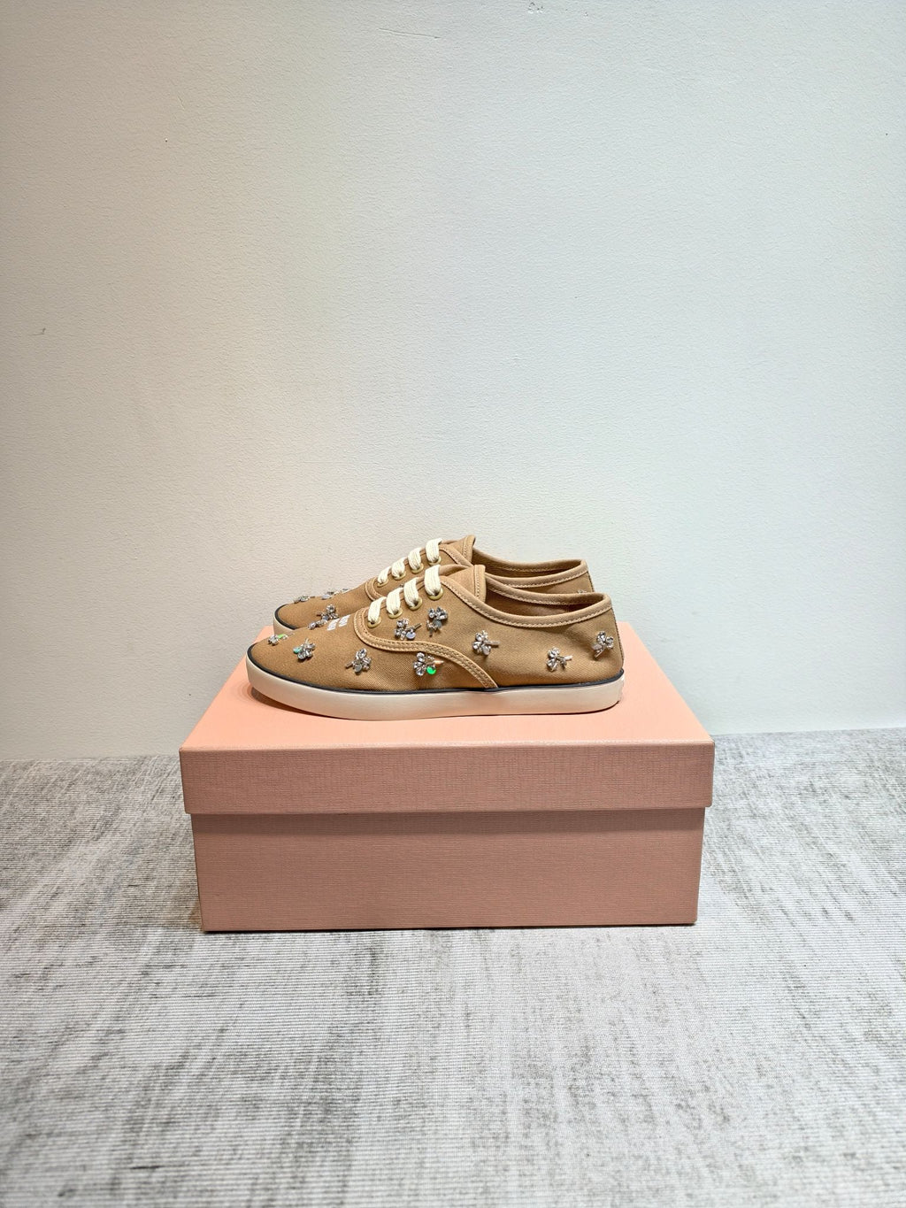MIUMIU 26S LOW TOP SNEAKERS IN BROWN CANVAS CRYSTAL-EMBELLISHED