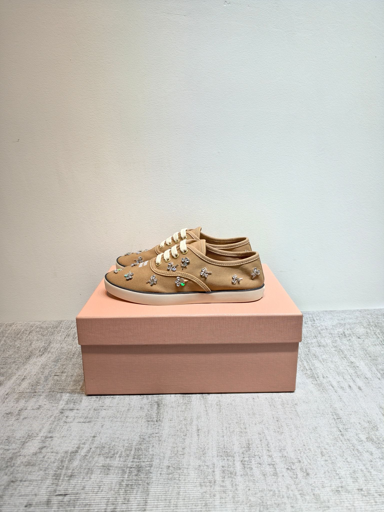 MIUMIU 26S LOW TOP SNEAKERS IN BROWN CANVAS CRYSTAL-EMBELLISHED