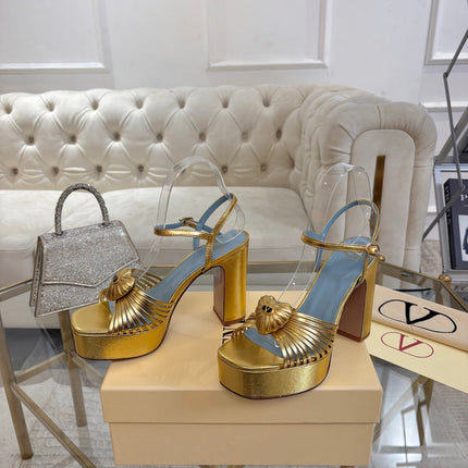 VALENTINO 26S PLATFORM SANDALS 110 MM IN GOLD AND BLUE CALFSKIN