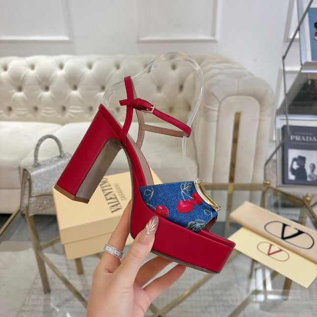 VALENTINO 26S PLATFORM SANDALS 110 MM IN RED CALFSKIN AND BLUE DENIM