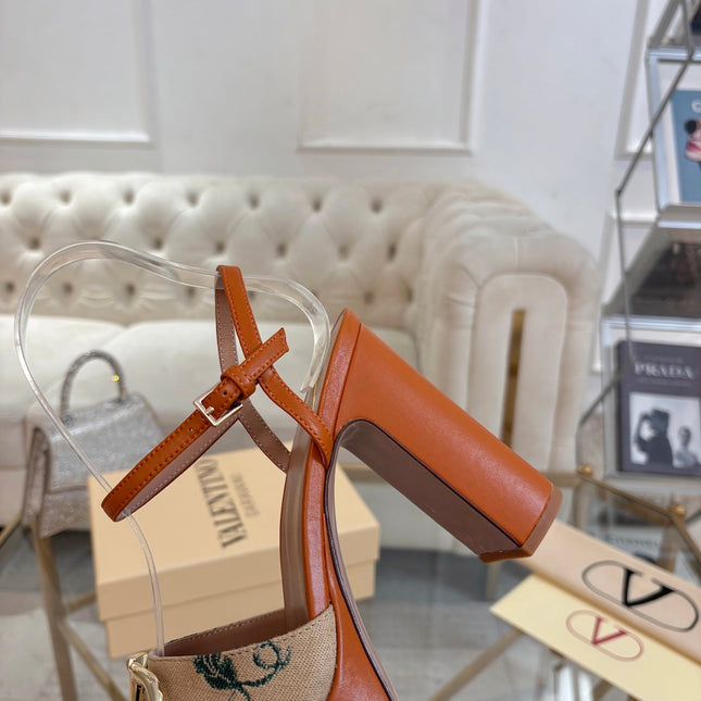 VALENTINO 26S PLATFORM SANDALS 110 MM IN COGNAC BROWN CALFSKIN AND BEIGE CANVAS