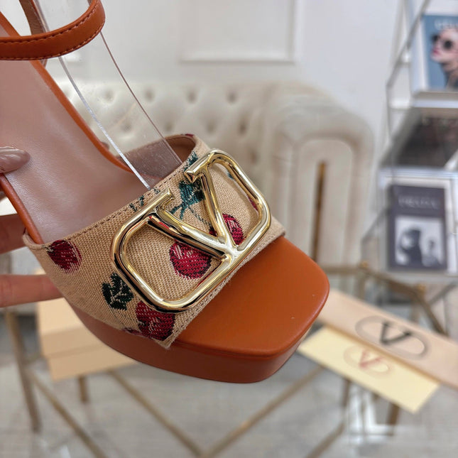 VALENTINO 26S PLATFORM SANDALS 110 MM IN COGNAC BROWN CALFSKIN AND BEIGE CANVAS