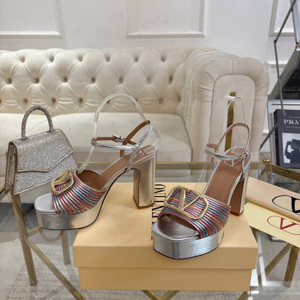 VALENTINO 26S PLATFORM SANDALS 110 MM IN SILVER CALFSKIN WITH GOLD HARDWARE