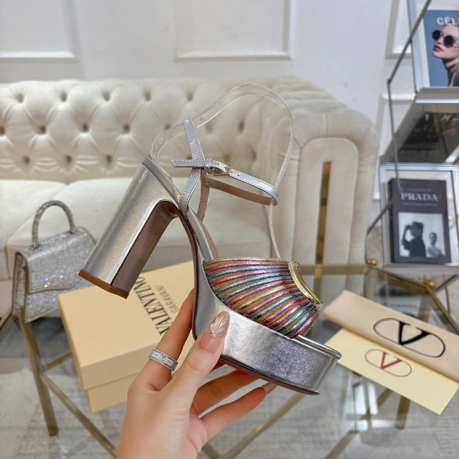 VALENTINO 26S PLATFORM SANDALS 110 MM IN SILVER CALFSKIN WITH GOLD HARDWARE