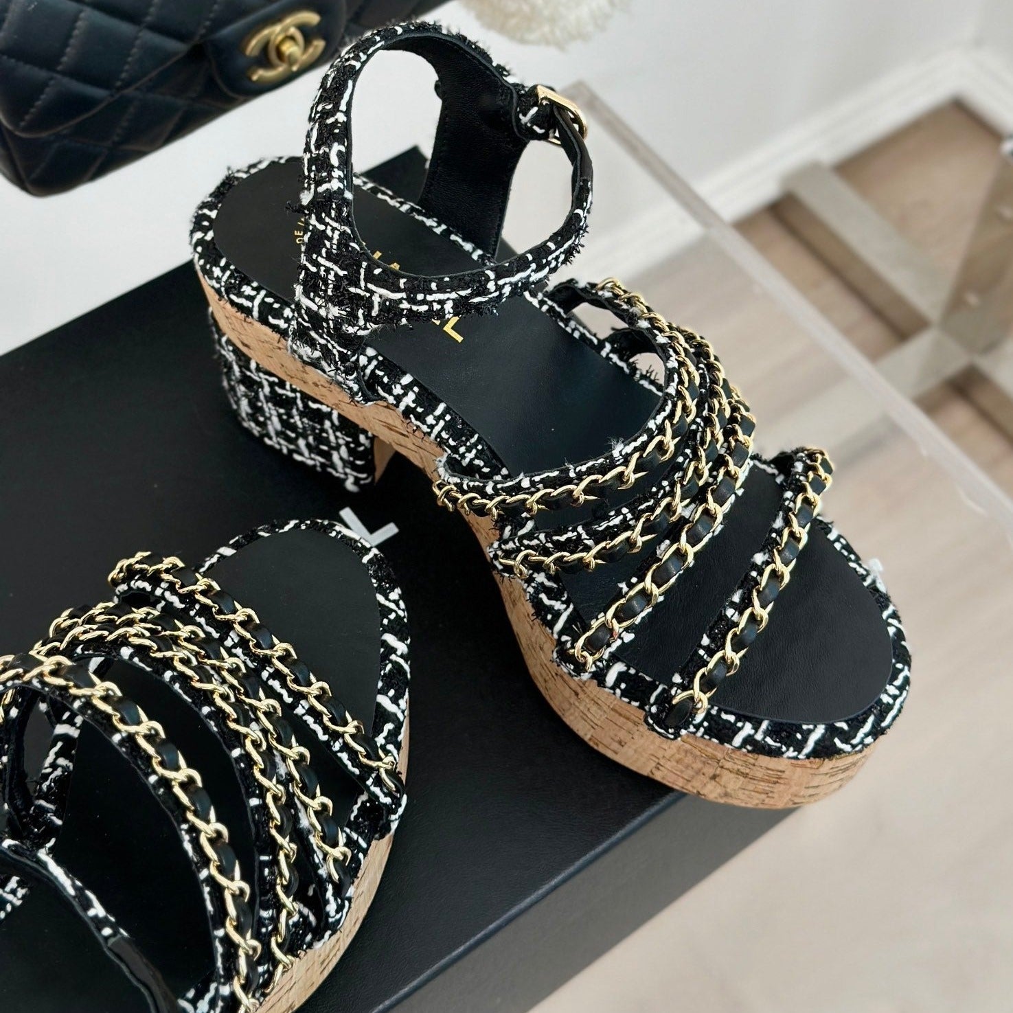 Double C Wooden Chain Platform Block Heel Sandals White Caro/ Black