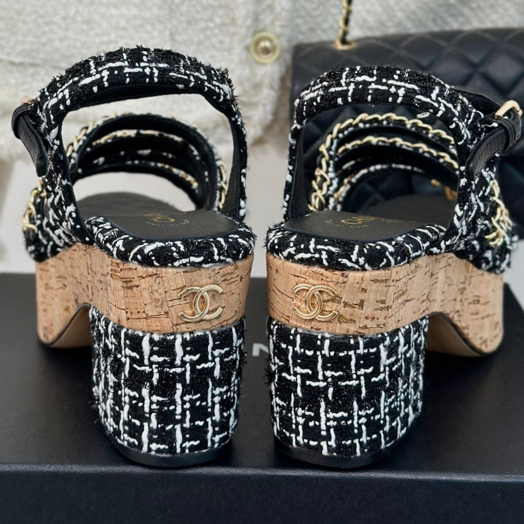 Double C Wooden Chain Platform Block Heel Sandals White Caro/ Black