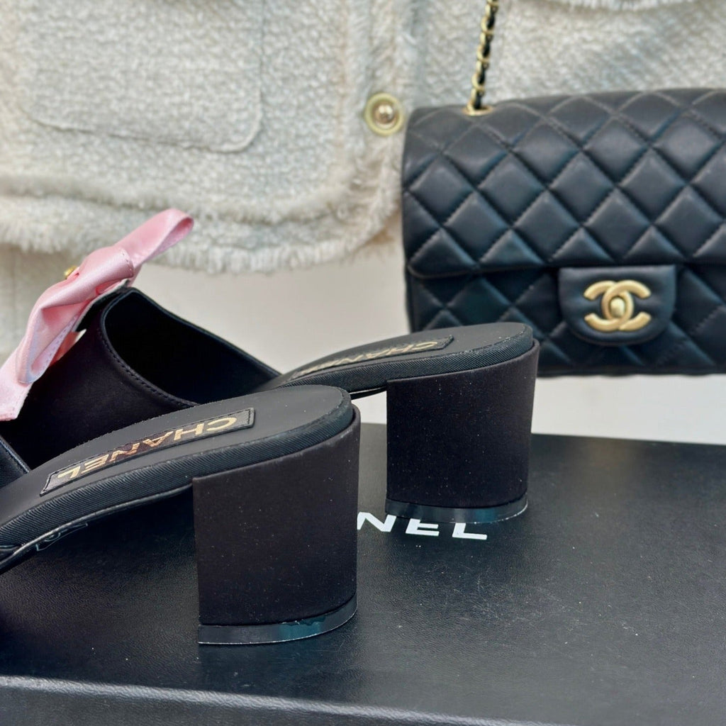 Double CC Big Bow High Heels Sheepskin Light Pink / Black