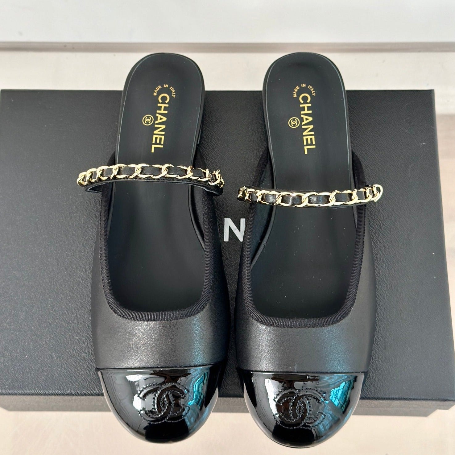 Double C Two-Tone Chain Mules Black Lambskin