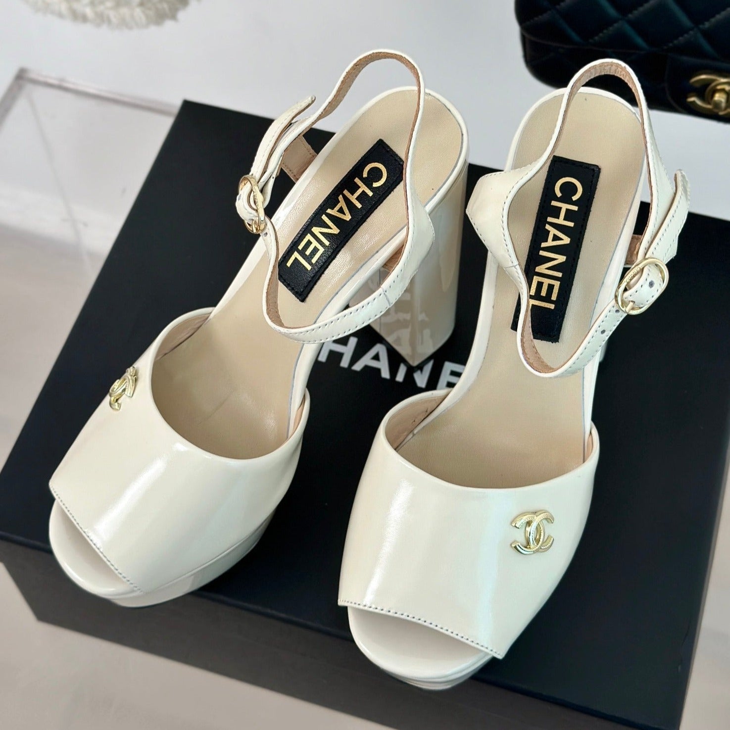 Double C High Heel Sandals Beige Cream Leather