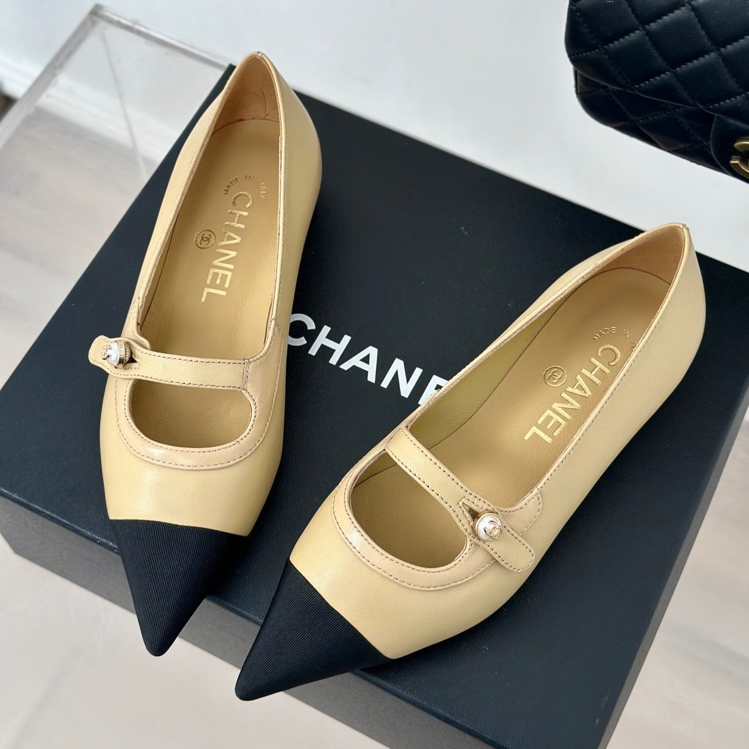 Double C Milan Runway Pointed Toe Mary Jane Shoes Dark Cream Black Lambskin