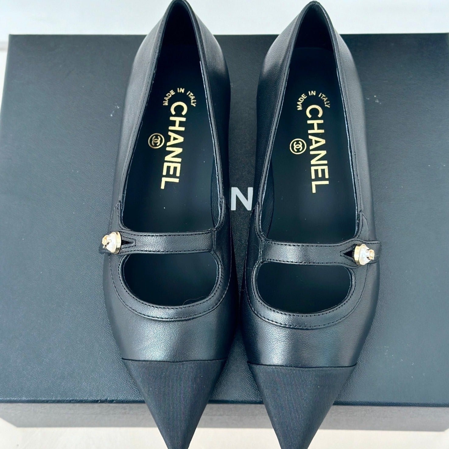 Double C Milan Runway Pointed Toe Mary Jane Shoes Black Lambskin