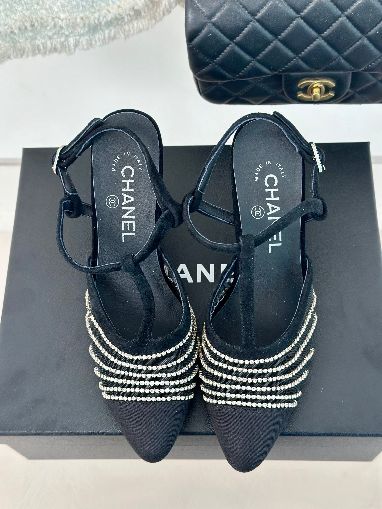 Crystal Flat High Heel Sandals Black