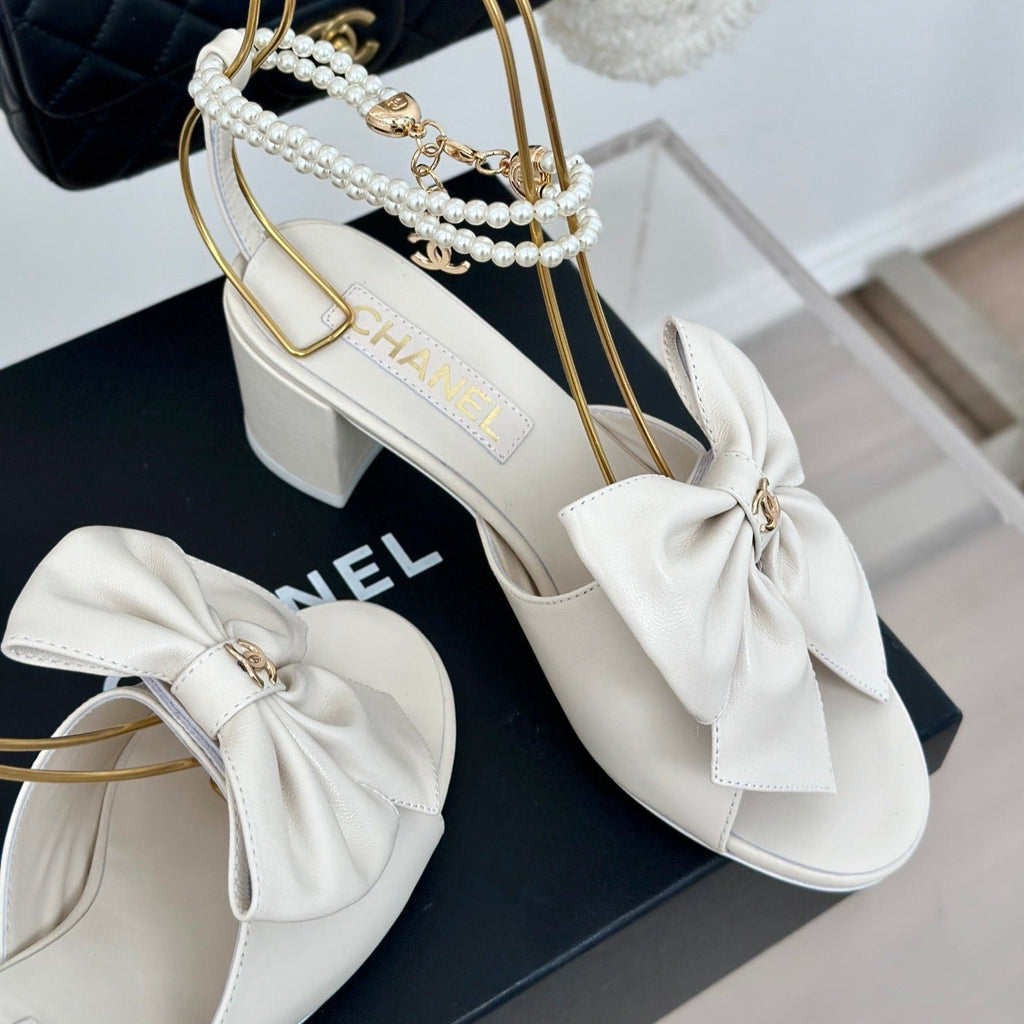 Double C Big Bow Pearl Chain High Sandals White Lambskin