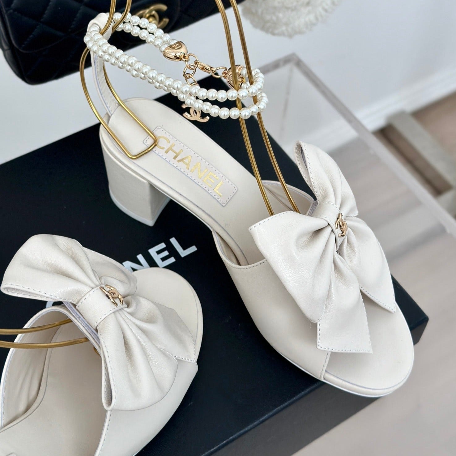 Double C Big Bow Pearl Chain High Sandals White Lambskin